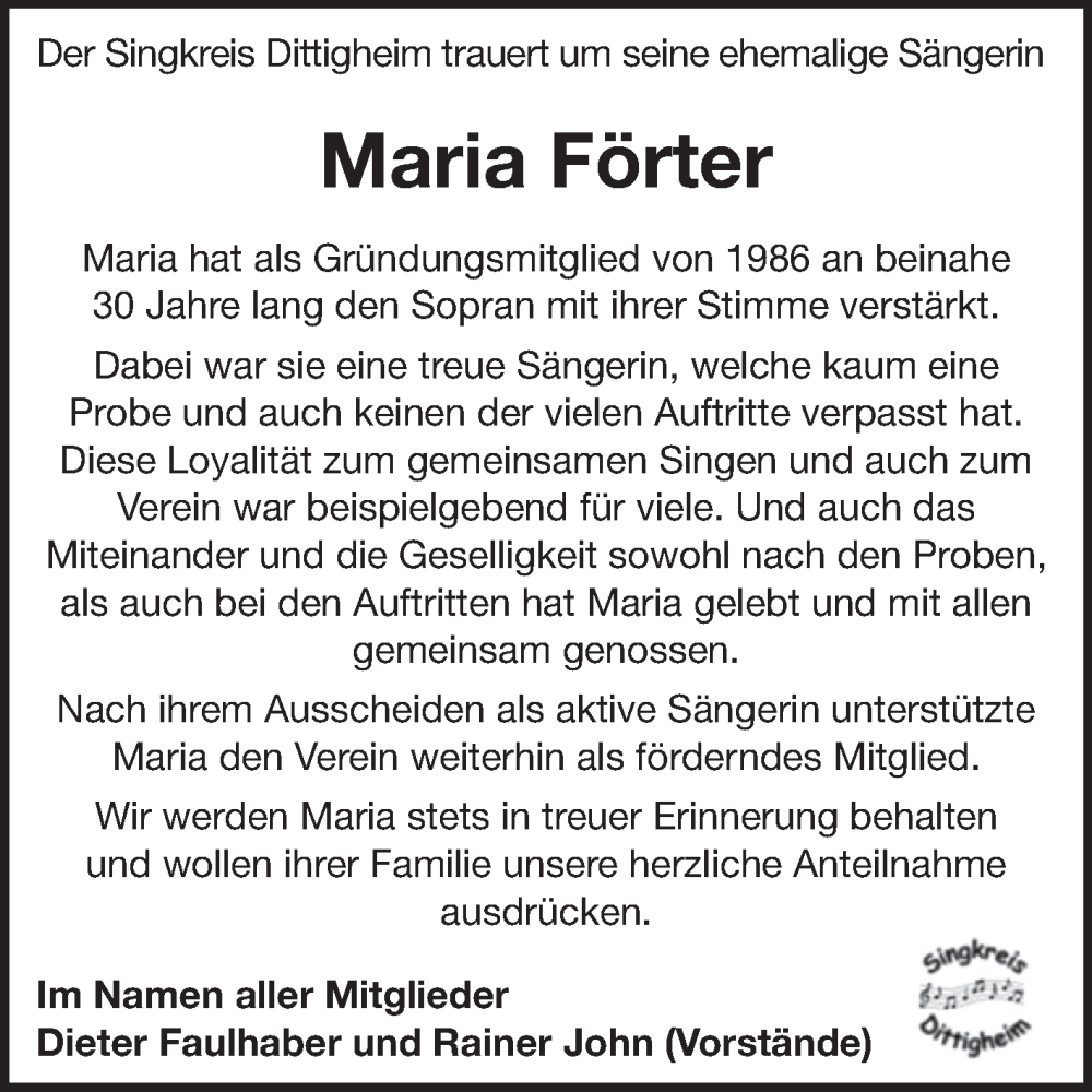  Traueranzeige für Maria Förter vom 10.01.2026 aus Fränkische Nachrichten