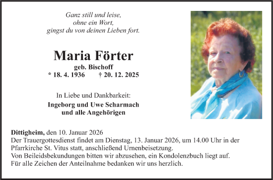 Traueranzeige von Maria Förter von Fränkische Nachrichten