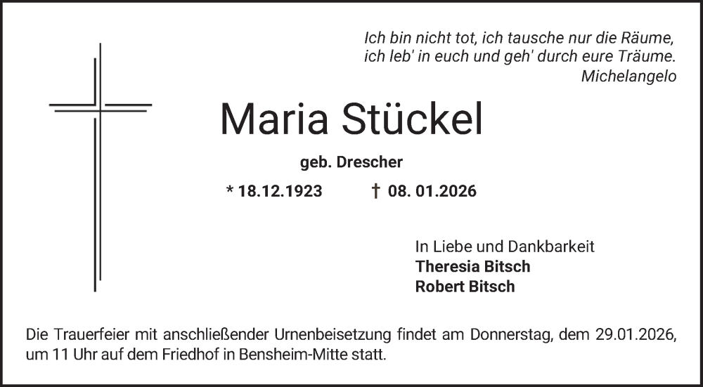  Traueranzeige für Maria Stückel vom 24.01.2026 aus Bergsträßer Anzeiger