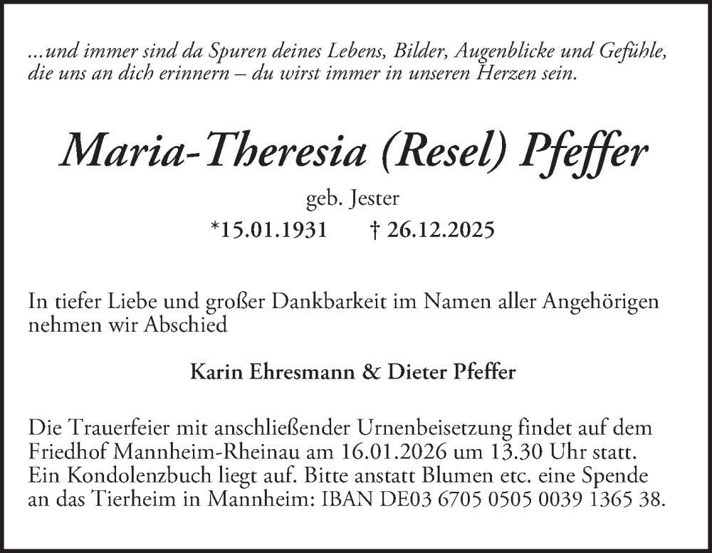  Traueranzeige für Maria-Theresia Pfeffer vom 03.01.2026 aus Mannheimer Morgen