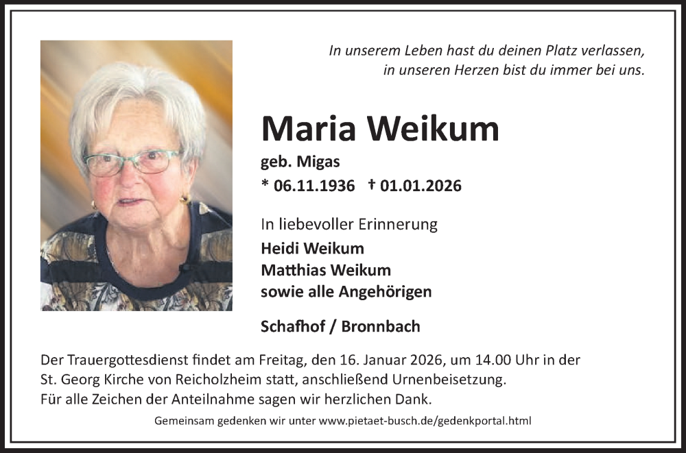  Traueranzeige für Maria Weikum vom 10.01.2026 aus Fränkische Nachrichten
