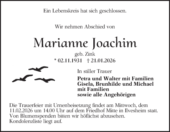 Traueranzeige von Marianne Joachim von Mannheimer Morgen