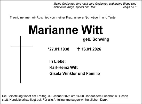 Traueranzeige von Marianne Witt von Fränkische Nachrichten