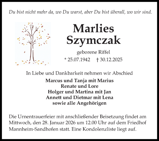 Traueranzeige von Marlies Szymczak von Mannheimer Morgen
