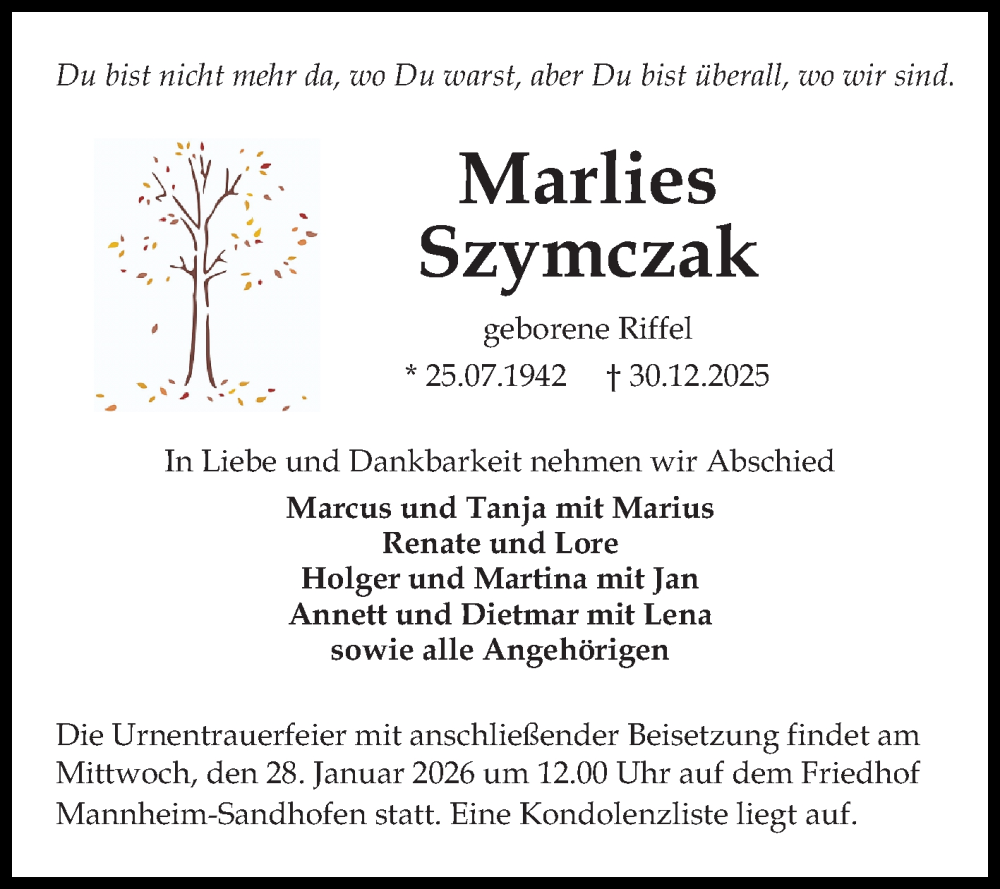 Traueranzeige für Marlies Szymczak vom 10.01.2026 aus Mannheimer Morgen