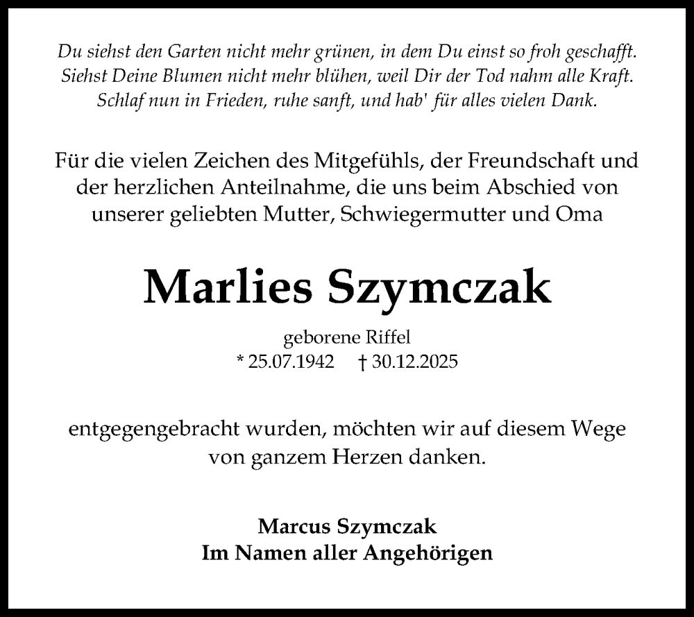  Traueranzeige für Marlies Szymczak vom 31.01.2026 aus Mannheimer Morgen