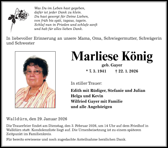 Traueranzeige von Marliese König von Fränkische Nachrichten