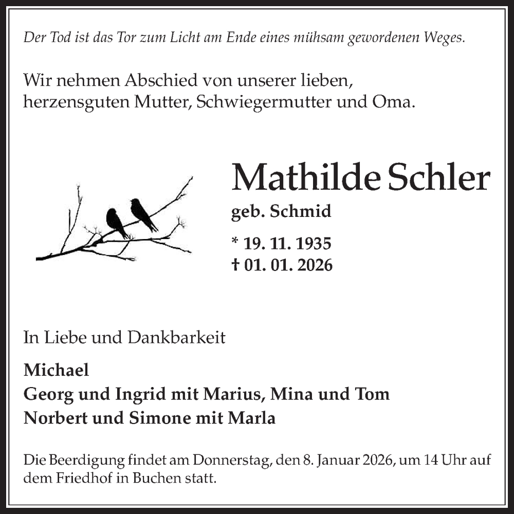  Traueranzeige für Mathilde Schler vom 07.01.2026 aus Fränkische Nachrichten