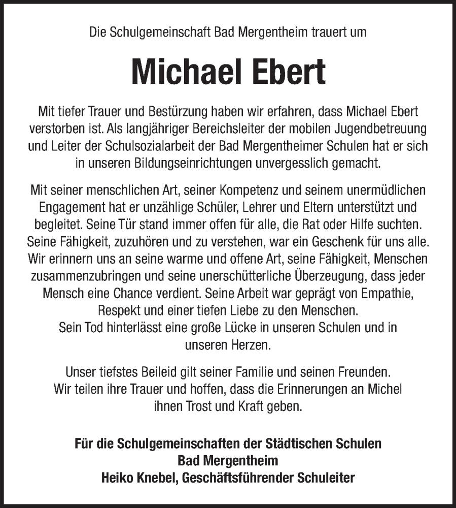  Traueranzeige für Michael Ebert vom 24.01.2026 aus Fränkische Nachrichten