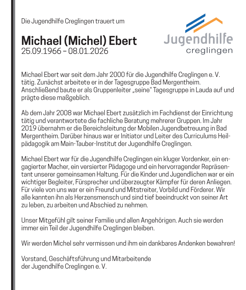  Traueranzeige für Michael Ebert vom 24.01.2026 aus Fränkische Nachrichten