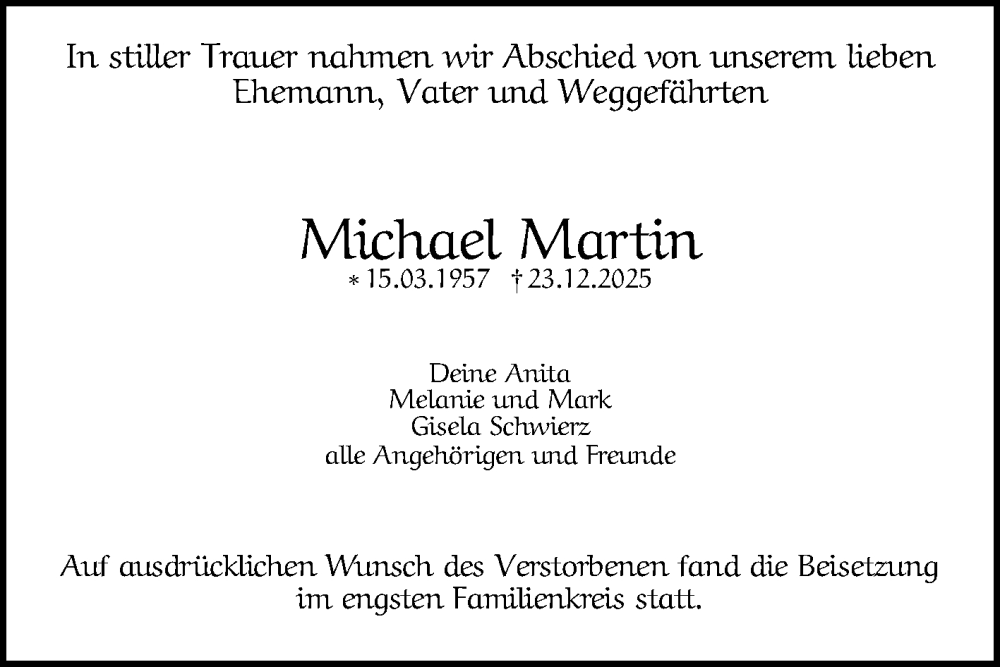  Traueranzeige für Michael Martin vom 17.01.2026 aus Mannheimer Morgen