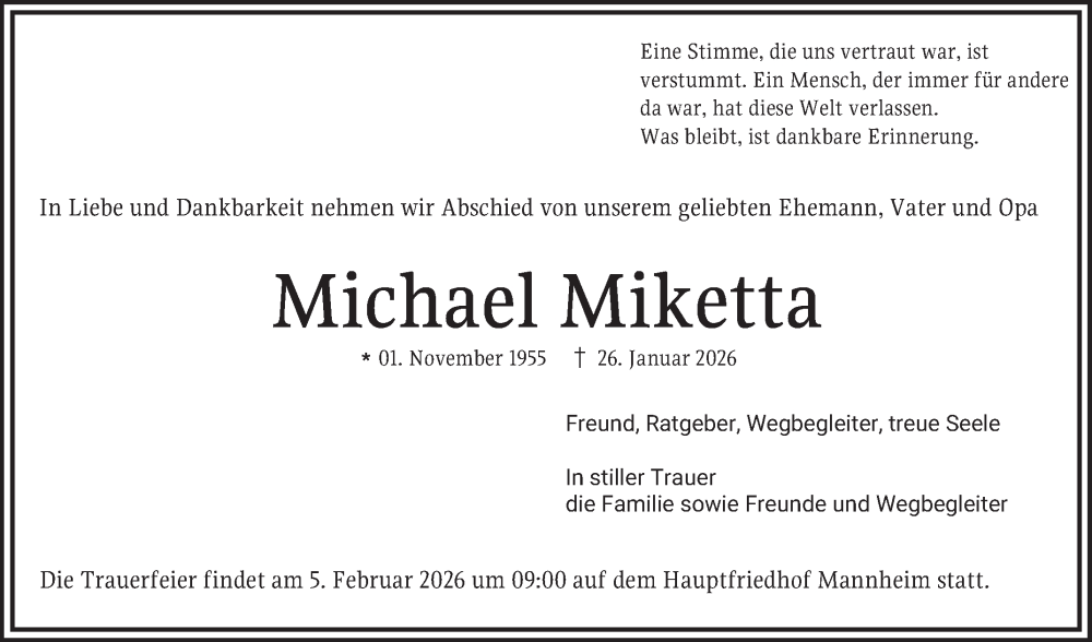  Traueranzeige für Michael Miketta vom 31.01.2026 aus Mannheimer Morgen