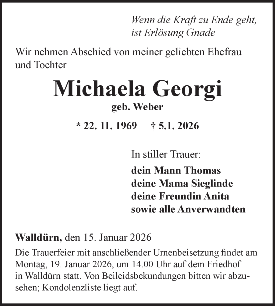 Traueranzeige von Michaela Georgi von Fränkische Nachrichten
