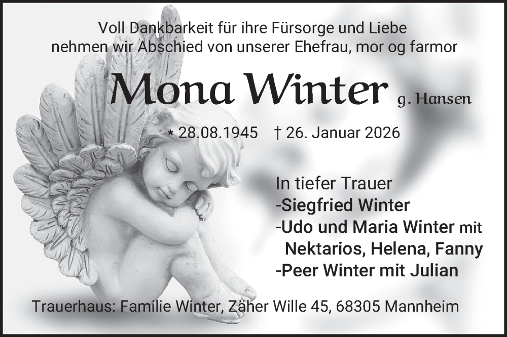  Traueranzeige für Mona Winter vom 31.01.2026 aus Mannheimer Morgen