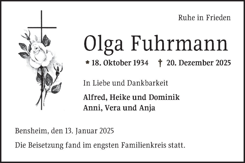  Traueranzeige für Olga Fuhrmann vom 17.01.2026 aus Bergsträßer Anzeiger