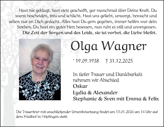 Traueranzeige von Olga Wagner von Fränkische Nachrichten