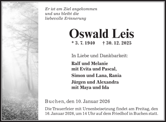 Traueranzeige von Oswald Leis von Fränkische Nachrichten