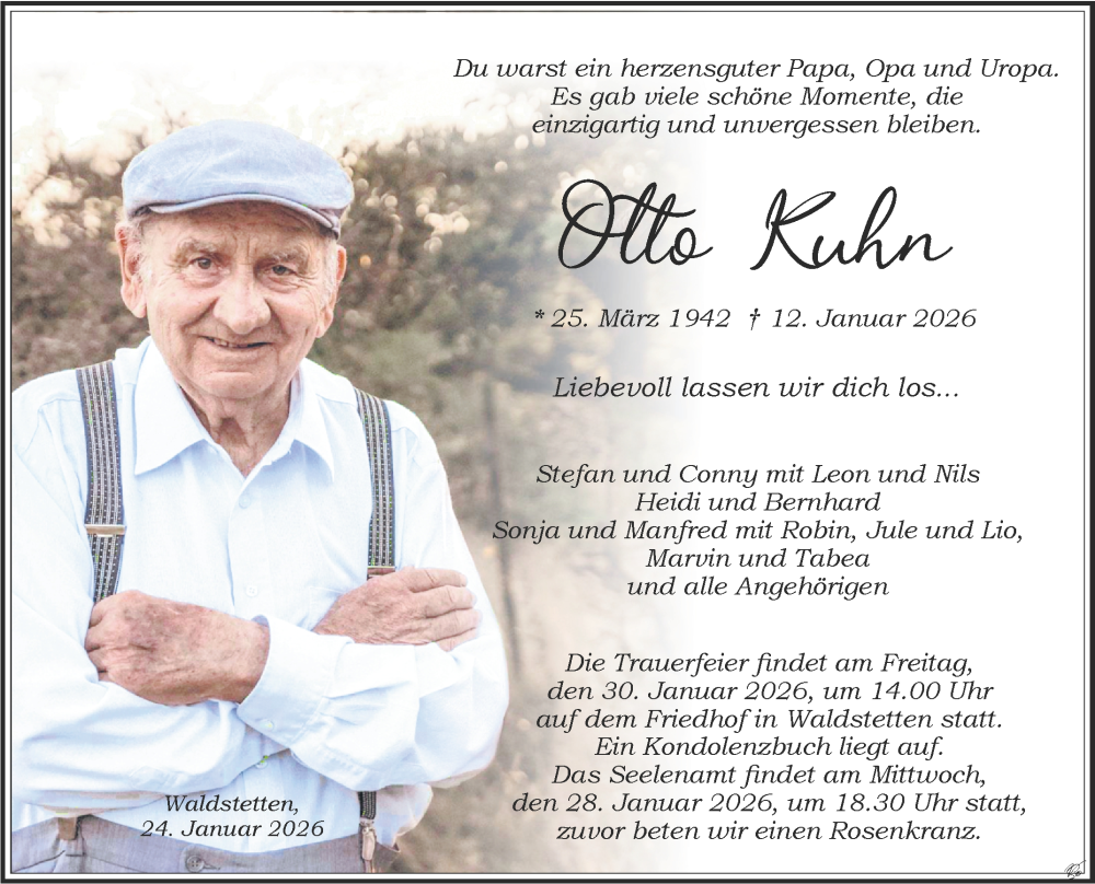  Traueranzeige für Otto Kuhn vom 24.01.2026 aus Fränkische Nachrichten