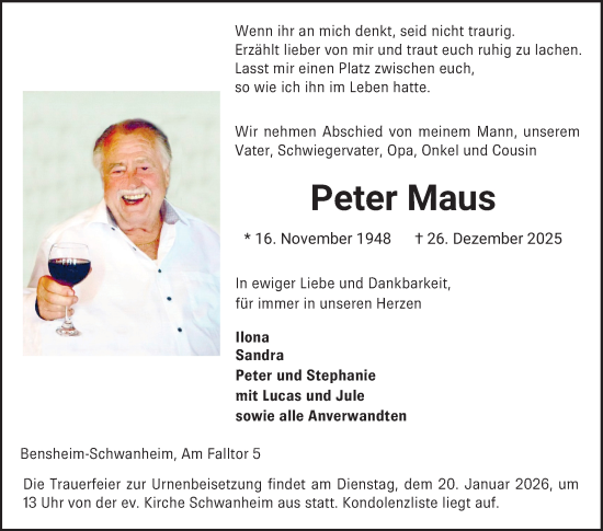 Traueranzeige von Peter Maus von Bergsträßer Anzeiger
