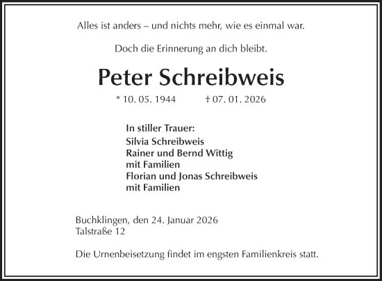 Traueranzeige von Peter Schreibweis von Mannheimer Morgen