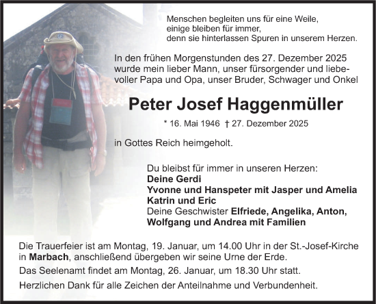 Traueranzeige von Peter Josef Haggenmüller von Fränkische Nachrichten