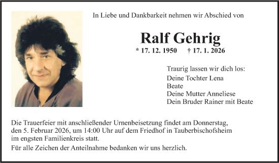 Traueranzeige von Ralf Gehrig von Fränkische Nachrichten