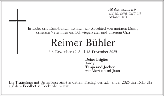 Traueranzeige von Reimer Bühler von Schwetzinger Zeitung