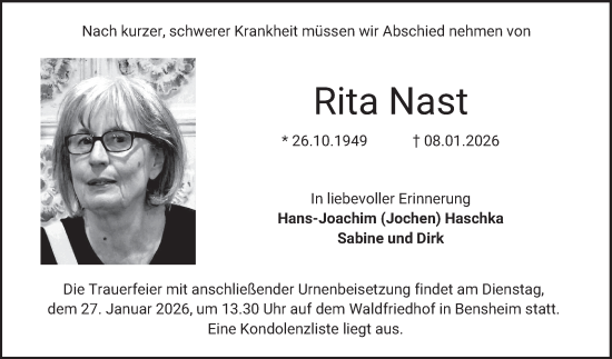 Traueranzeige von Rita Nast von Bergsträßer Anzeiger