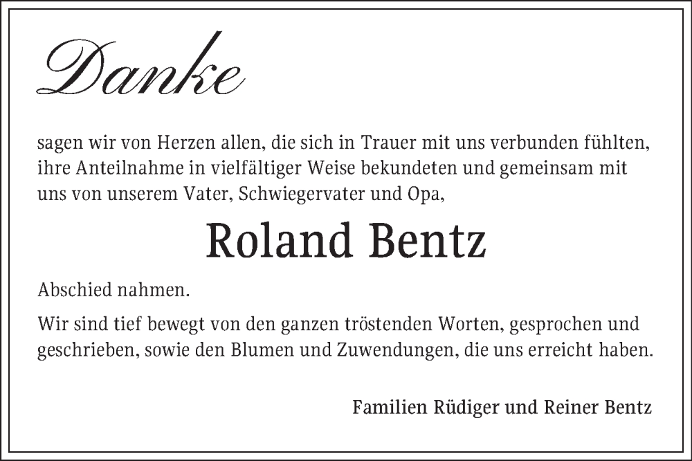  Traueranzeige für Roland Bentz vom 24.01.2026 aus Mannheimer Morgen
