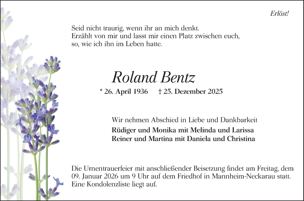  Traueranzeige für Roland Bentz vom 03.01.2026 aus Mannheimer Morgen
