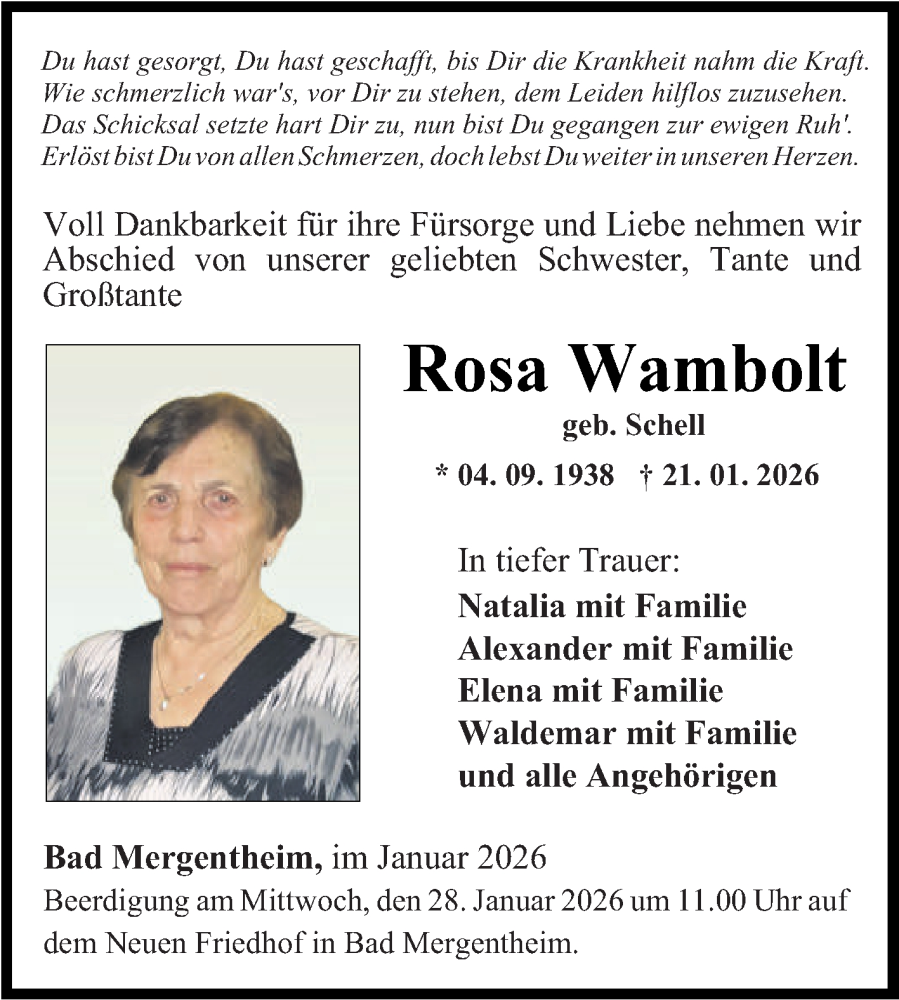  Traueranzeige für Rosa Wambolt vom 24.01.2026 aus Fränkische Nachrichten