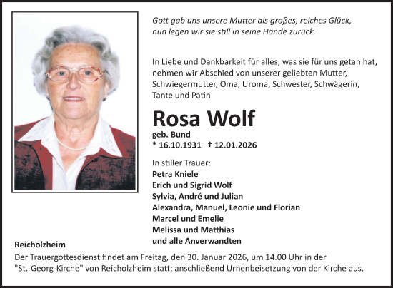 Traueranzeige von Rosa Wolf von Fränkische Nachrichten