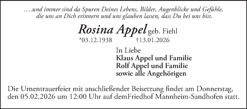  Traueranzeige für Rosina Appel vom 31.01.2026 aus Mannheimer Morgen
