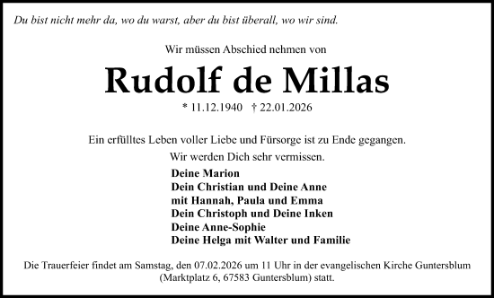 Traueranzeige von Rudolf de Millas von Mannheimer Morgen