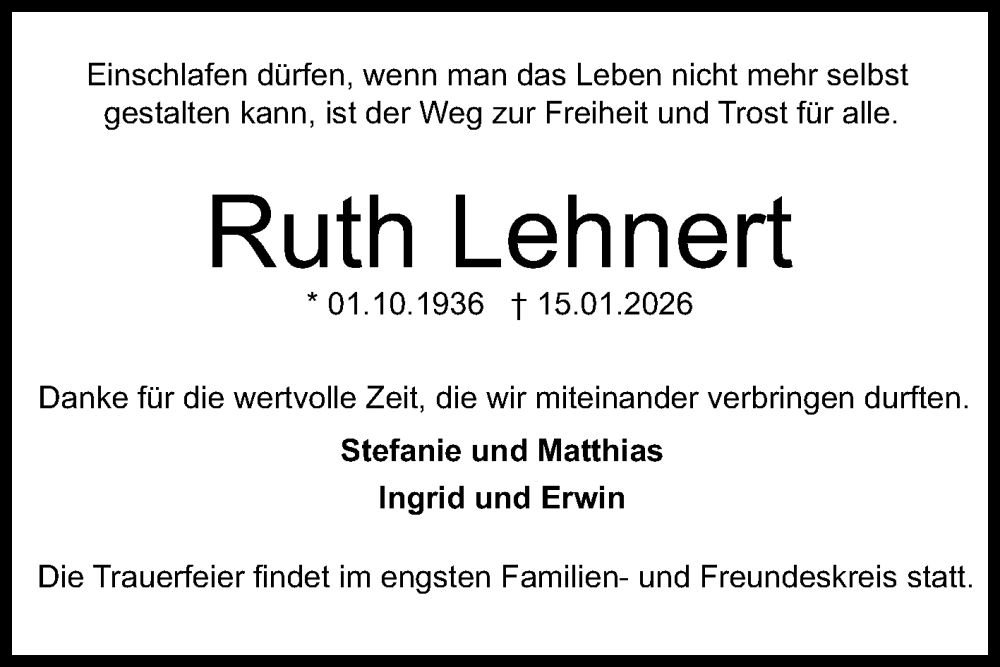  Traueranzeige für Ruth Lehnert vom 31.01.2026 aus Mannheimer Morgen