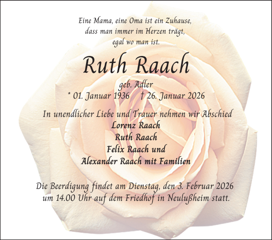 Traueranzeige von Ruth Raach von Schwetzinger Zeitung