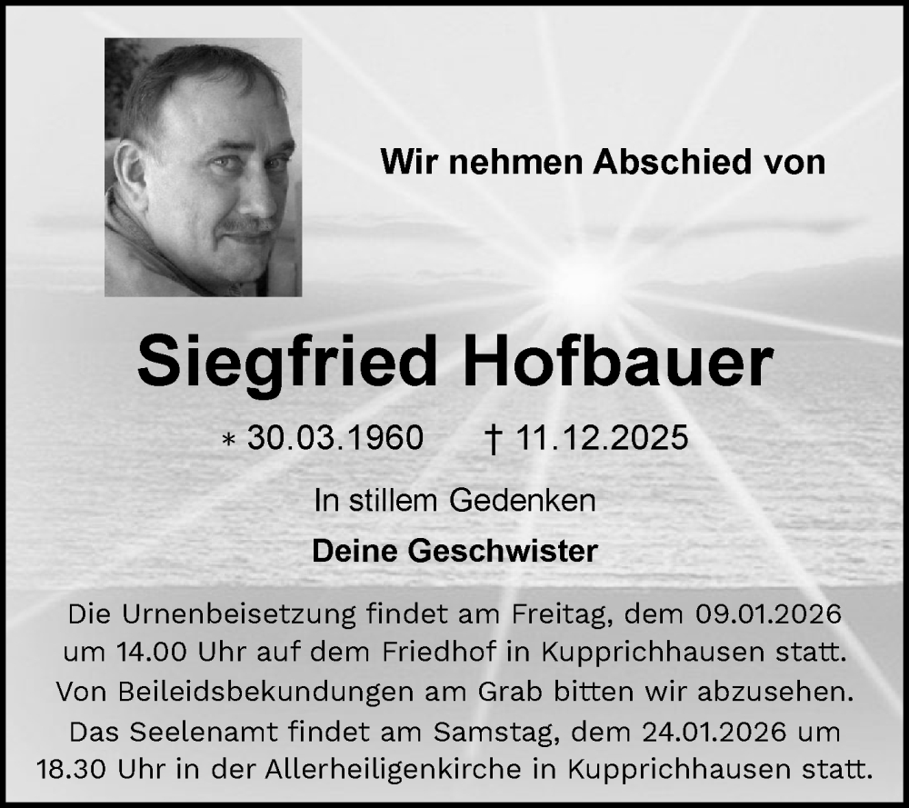  Traueranzeige für Siegfried Hofbauer vom 03.01.2026 aus Fränkische Nachrichten
