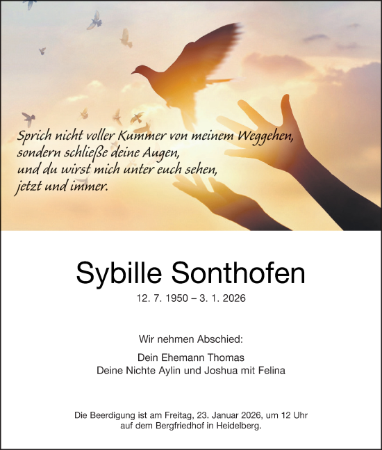 Traueranzeige von Sybille Sonthofen von Mannheimer Morgen