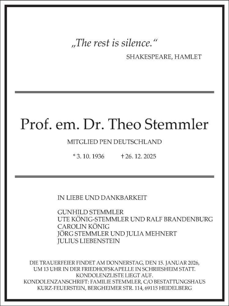  Traueranzeige für Theo Stemmler vom 10.01.2026 aus Mannheimer Morgen