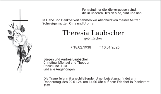 Traueranzeige von Theresia Laubscher von Schwetzinger Zeitung