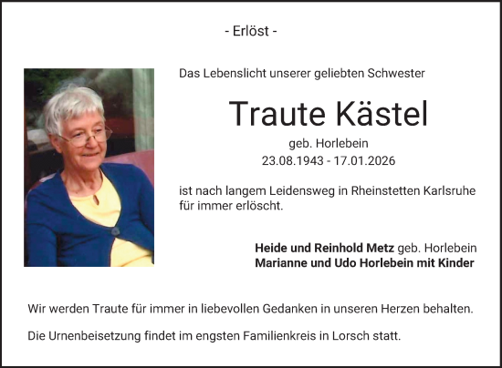 Traueranzeige von Traute Kästel von Bergsträßer Anzeiger