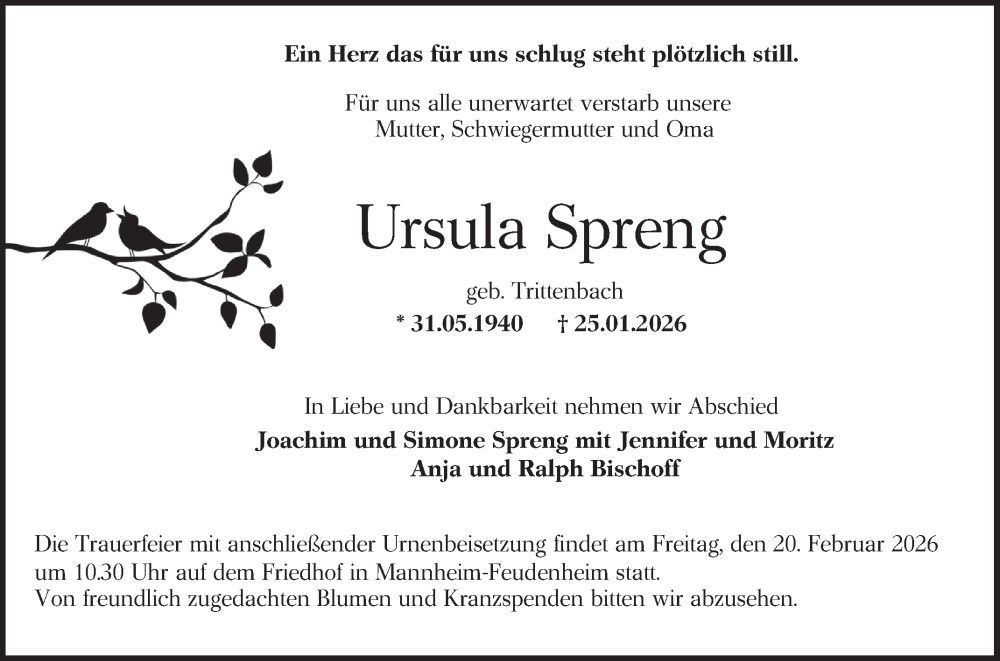  Traueranzeige für Ursula Spreng vom 31.01.2026 aus Mannheimer Morgen