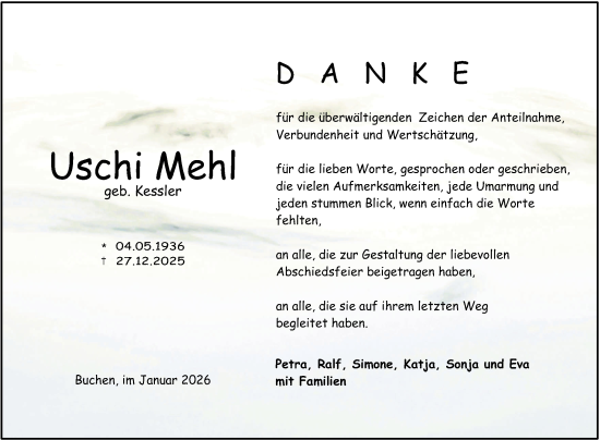 Traueranzeige von Uschi Mehl von Fränkische Nachrichten