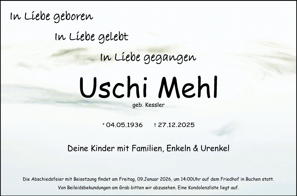  Traueranzeige für Uschi Mehl vom 03.01.2026 aus Fränkische Nachrichten