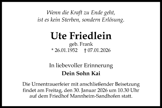 Traueranzeige von Ute Friedlein von Mannheimer Morgen