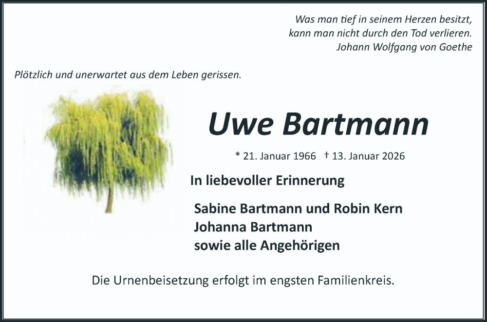  Traueranzeige für Uwe Bartmann vom 24.01.2026 aus Mannheimer Morgen