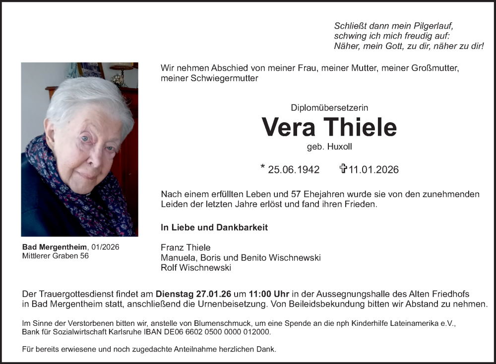  Traueranzeige für Vera Thiele vom 20.01.2026 aus Fränkische Nachrichten