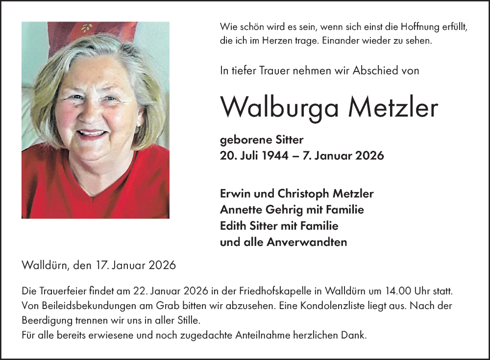  Traueranzeige für Walburga Metzler vom 17.01.2026 aus Fränkische Nachrichten