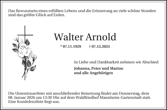 Traueranzeige von Walter Arnold von Mannheimer Morgen