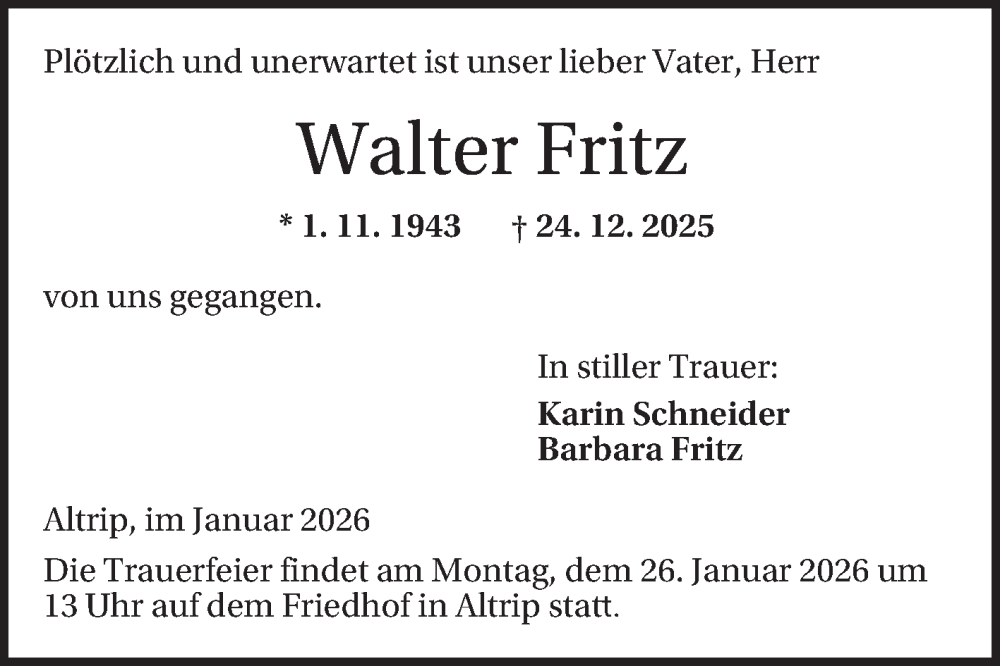  Traueranzeige für Walter Fritz vom 19.01.2026 aus Mannheimer Morgen